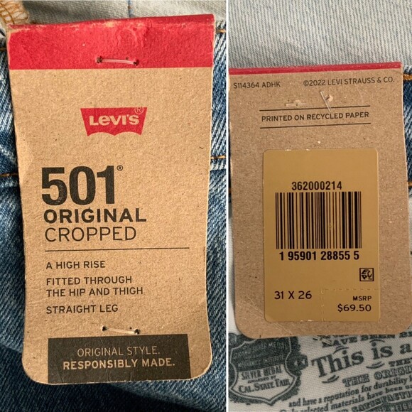 Levi’s Blue 2-tone 501 Cropped Waterless Rigid Jeans 31 - Picture 12 of 13